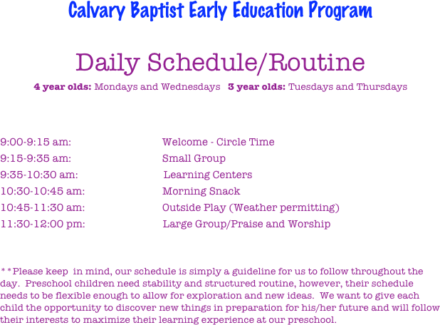 Calvary Baptist Early Education Program Daily Schedule Routine 4 Year 